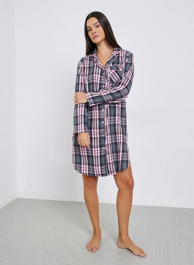 Styli Checked Button Front Nightshirt