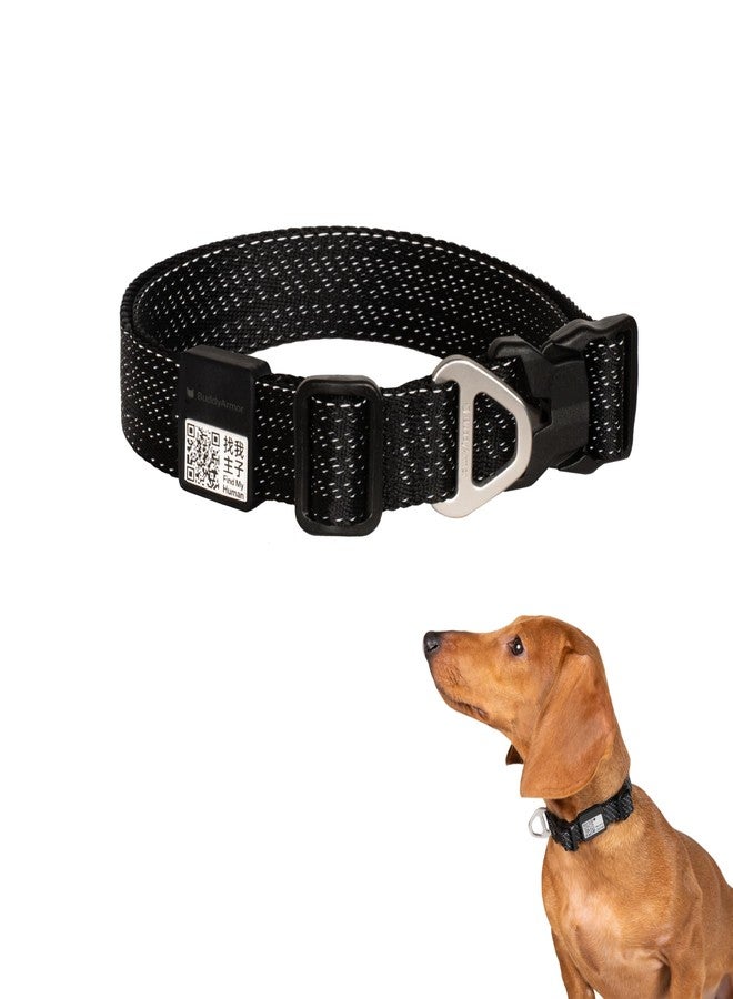 طوق BuddyArmor للكلاب مناسب لجميع الأحوال الجوية، عاكس للضوء، قابل للتعديل، مصنوع من النايلون الناعم، مزود برمز QR، مضاد للضياع، يسمح بمرور الهواء، مزود بإبزيم سريع الفتح، حلقة من سبيكة حاصلة على براءة اختراع، مناسب للكلاب الصغيرة والمتوسطة والكبيرة (أسود عاكس للغاية، صغير) - Image 1
