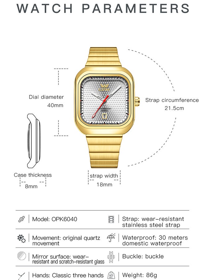 Opk Stylish Square Steel Strap Men'S Watch, Luminous And Waterproof, Single Calendar Quartz Watch, 6041 Steel Strap, Gold Case, White Dial. - Image 3