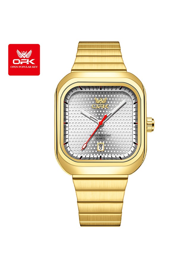 Opk Stylish Square Steel Strap Men'S Watch, Luminous And Waterproof, Single Calendar Quartz Watch, 6041 Steel Strap, Gold Case, White Dial. - Image 1