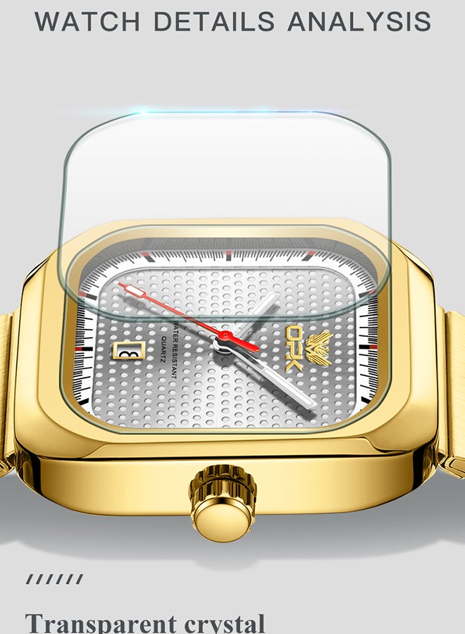 Opk Stylish Square Steel Strap Men'S Watch, Luminous And Waterproof, Single Calendar Quartz Watch, 6041 Steel Strap, Gold Case, White Dial. - Image 4