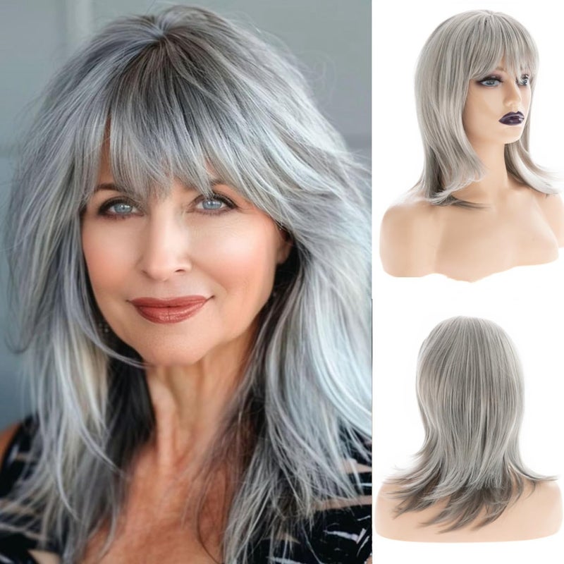 Long Gray Wigs for Women Natural Straight Grey Wig with Bangs Synthetic Hair Wig for Daily Party Use