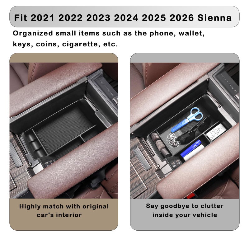 HGWEI Center Console Organizer Tray Compatible with 2021-2026 Toyota Sienna Accessories, Sienna LE Limited Platinum SE XLE XSE Coin Container Armrest Secondary Storage Box, Black - Image 2