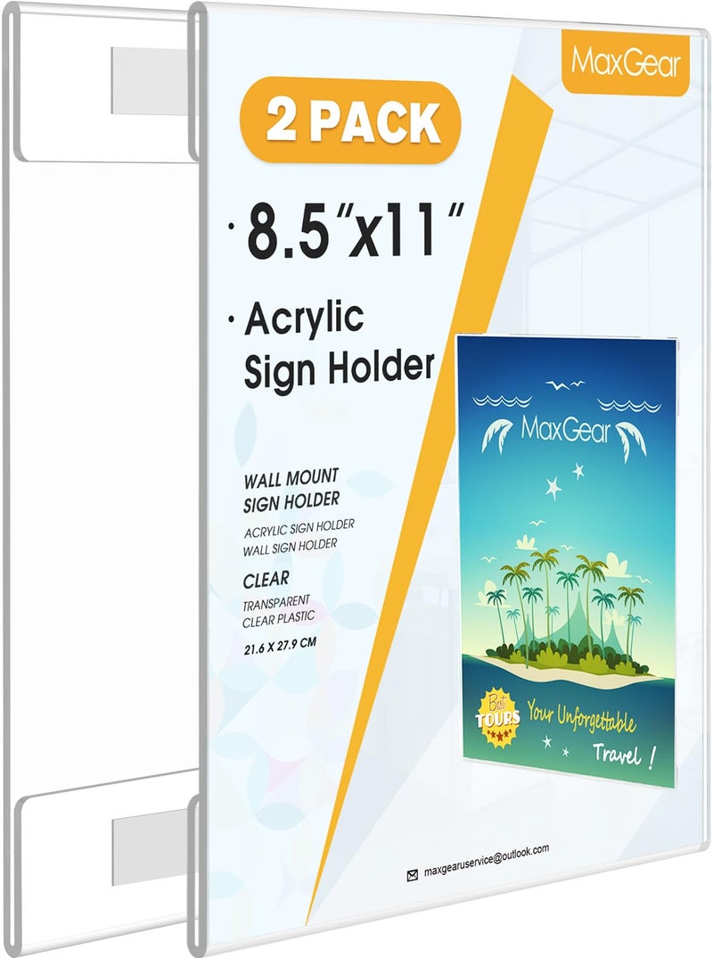MaxGear Acrylic Sign Holder 8.5 x 11 Wall Mount Clear Plastic Sign Holders with Double Sided Tape, Paper Poster Door Document Flyer Acrylic Wall Frame for Office, Home, Store, Restaurant, 2 Pack - Image 1