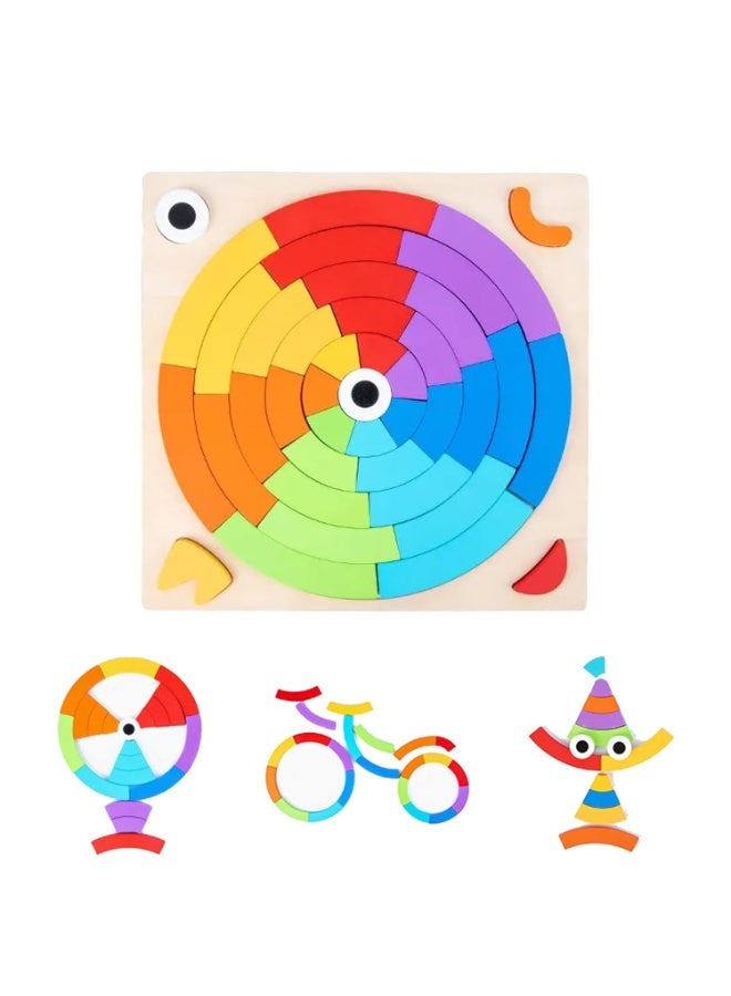 Rich Life Wooden Rainbow Pattern Puzzle – Creative Shape Building Set with 40 Blocks & 30 Challenge Designs – Educational STEM Toy for Kids Ages 3+ - Image 1