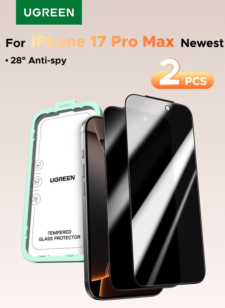 Ugreen 2-Pack for iPhone 17 Pro Max Privacy Screen Protector, 9H Hardness, 28° Blocks Views, Anti-spy Tempered-Glass Support Face ID with Easy Installation Tool, Case Friendly, Scratch Resistant - - Image 1