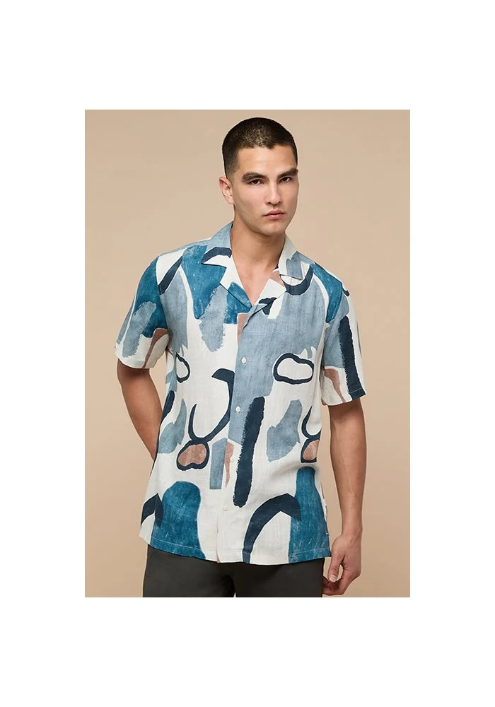 R&b Printed Shirt with Revere Collar and Short Sleeves