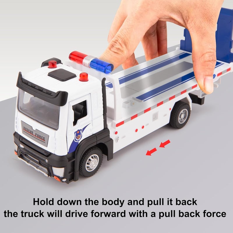 BDTCTK Friction Powered Flatbed Truck Police Car Toy with Lights and Sounds, Push and Go Construction Toy Tow Truck Great Gift for Toddlers, Boys and Girls - Image 3