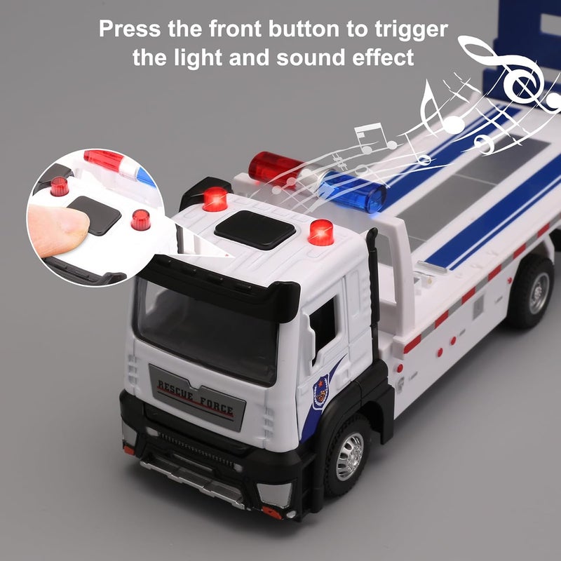 BDTCTK Friction Powered Flatbed Truck Police Car Toy with Lights and Sounds, Push and Go Construction Toy Tow Truck Great Gift for Toddlers, Boys and Girls - Image 5
