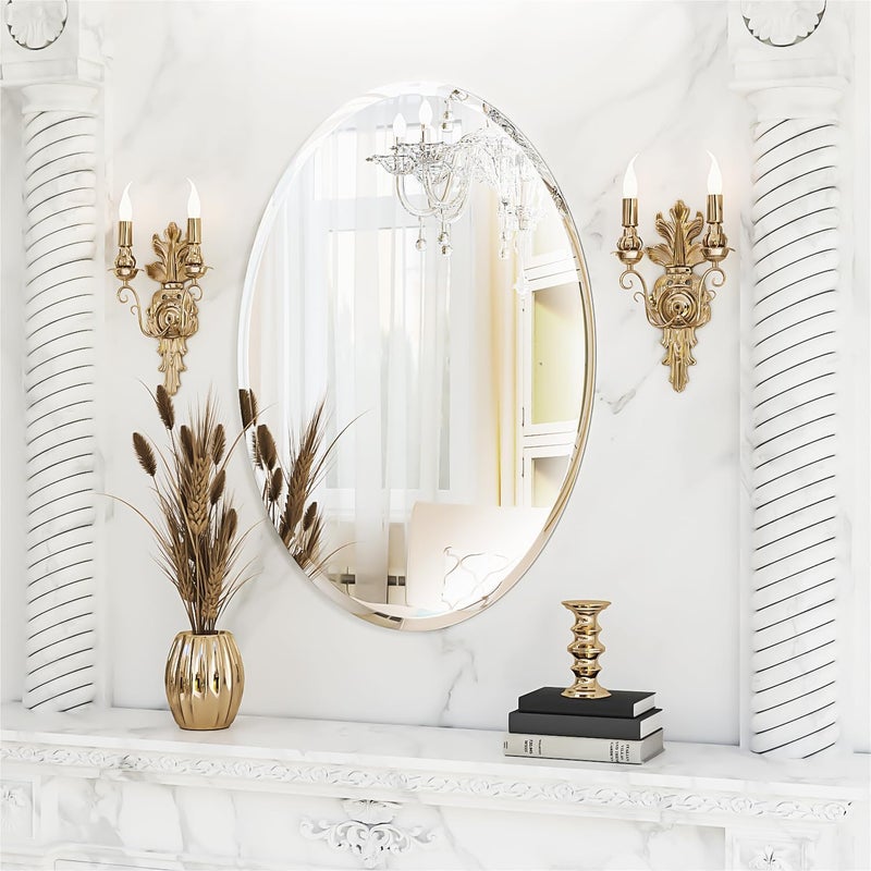 SEVEN HORSES Glass Seven Horese Wall Mount Mirror Oval Shape Frameless Mirror For Bathroom, Washbesin Etc (Size 18X24 Inch) - Image 2