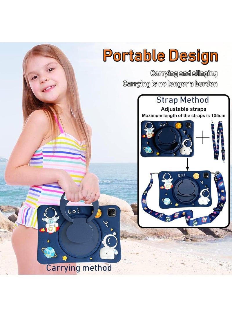 اووكاي جراب أطفال متوافق مع أجهزة iPad Air 11 بوصة M3/M2 (2025/2024)، وAir الجيل الخامس/الرابع 2022/2020، وPro 11 بوصة (2018-2022)، مع غطاء لطيف ثلاثي الأبعاد بتصميم رائد فضاء، مع مقبض دوار 360 درجة، وحزام كتف (أزرق) [لا يشمل القلم]. - Image 4