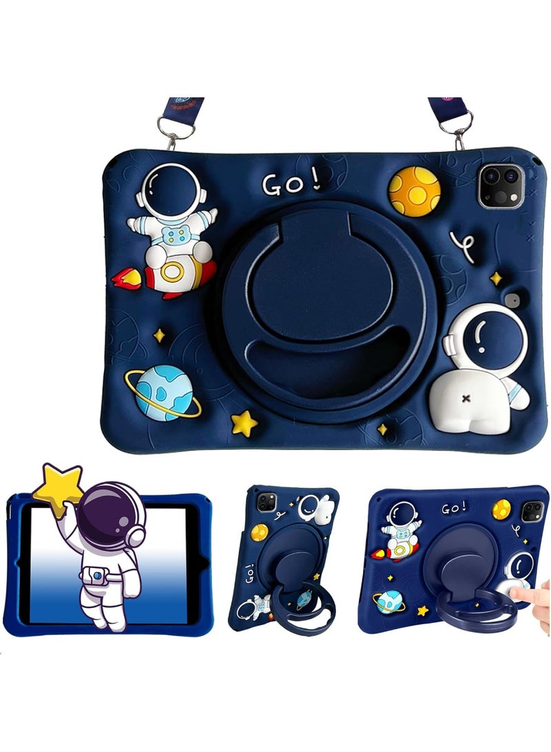 اووكاي جراب أطفال متوافق مع أجهزة iPad Air 11 بوصة M3/M2 (2025/2024)، وAir الجيل الخامس/الرابع 2022/2020، وPro 11 بوصة (2018-2022)، مع غطاء لطيف ثلاثي الأبعاد بتصميم رائد فضاء، مع مقبض دوار 360 درجة، وحزام كتف (أزرق) [لا يشمل القلم]. - Image 1