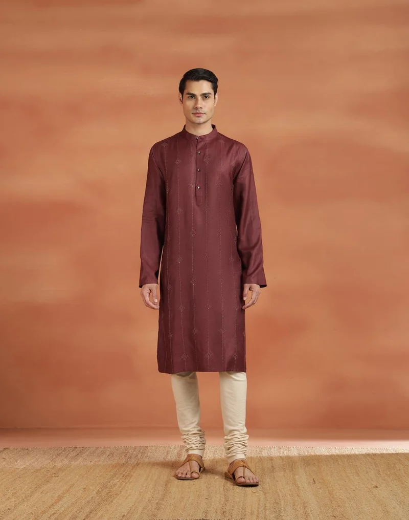 Fabindia Maroon Viscose Silk Embroidered Long Kurta
