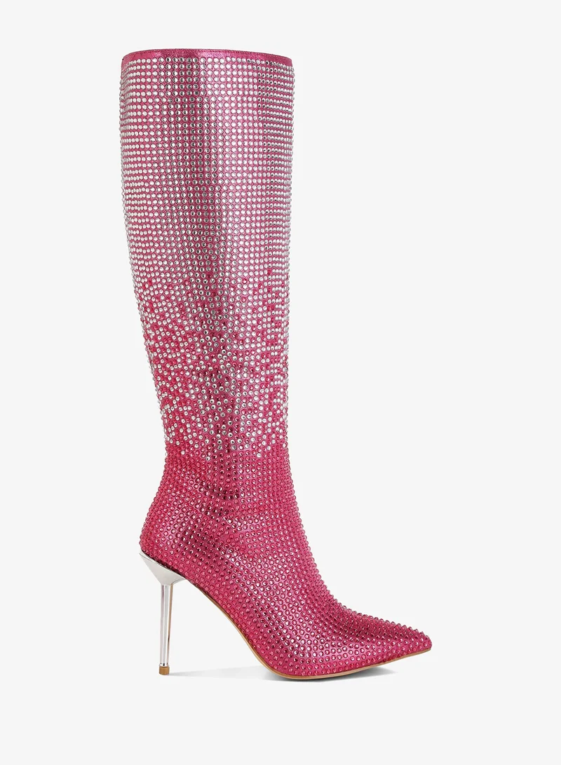 Shiny Rhinestone Studded Calf Boots in Pink