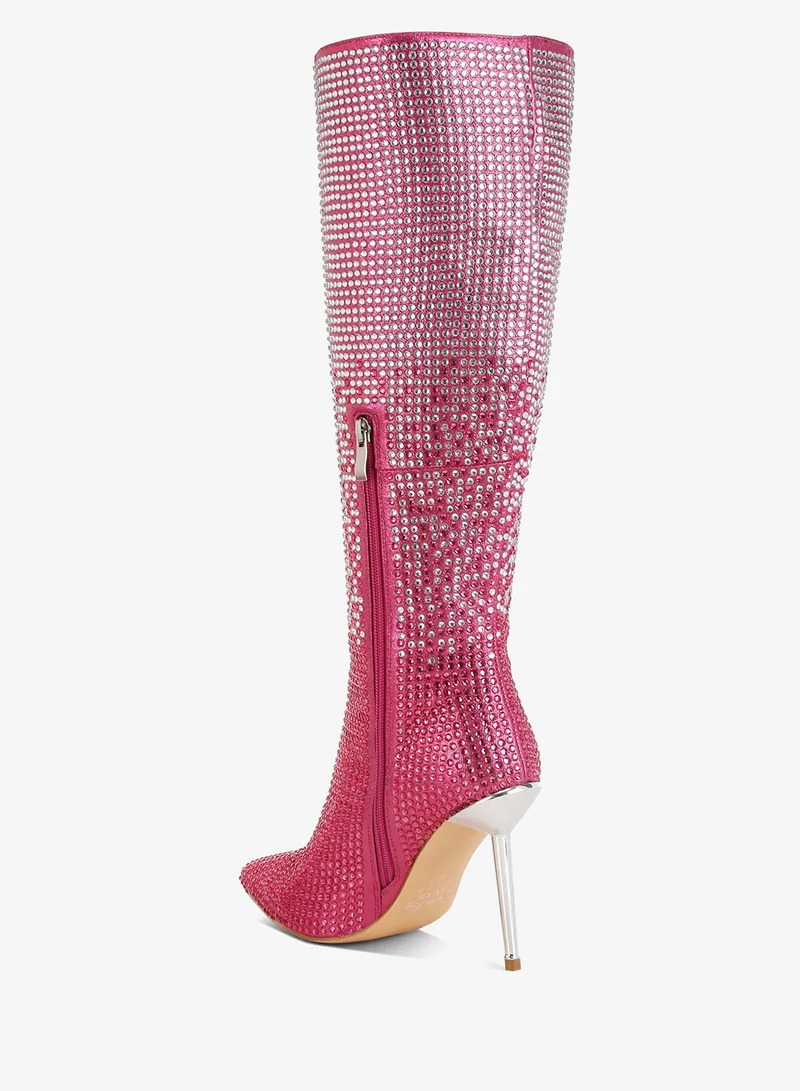 London Rag Shiny Rhinestone Studded Calf Boots in Pink