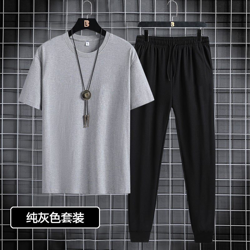 Short-sleeved trousers suit men's 2024 New Youth Men's sports casual round neck trendy printed two-piece suit - Image 1