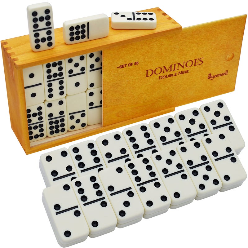Queensell Dominos Game Double 9 - Dominos Set for Adults and Kids Ages 8 and up - Double Nine Dominoes Set, Classic Board Games - Domino Set for Family Game Nights - Double Nine Dominos Set 55 Tiles with Case - Image 1