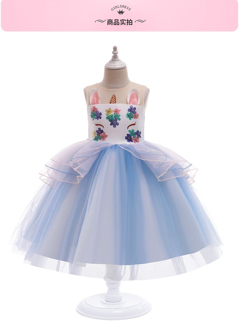 Unicorn dress child cross-border new INS children's wear Europe and America pompous skirt princess skirt girls BLUE - Image 1