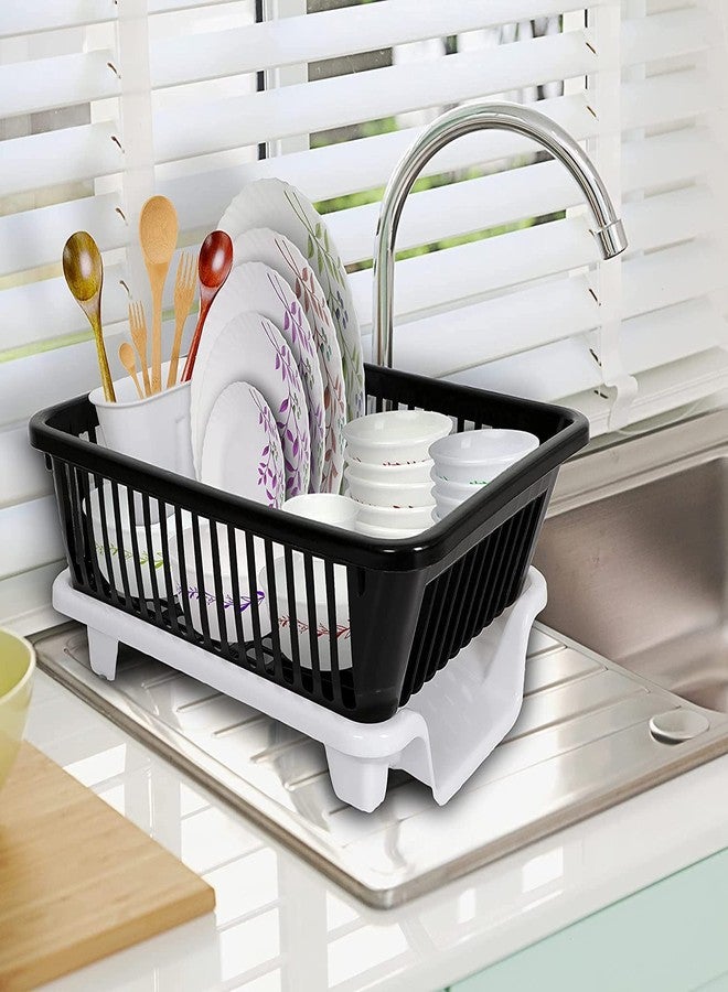 QUISTAL Trendy 3 in 1 Combo Kitchen Utensil Drainer Basket with Tray | Dish, Vessel Drying Rack/Holder/Organizer (Black & White) - Image 2
