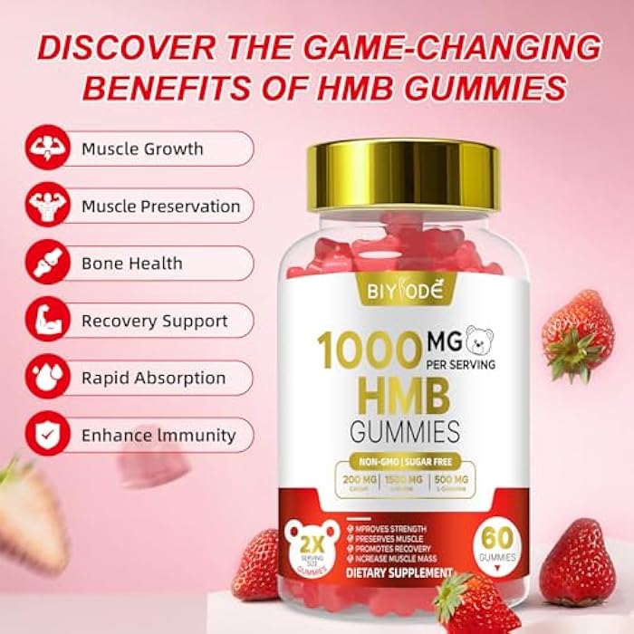 BIYODE HMB Gummies for Women 1000mg HMB: 1500mg L-Leucine 500mg L-Glutamine Muscle & Bone Support with Calcium Sugar-Free Non-GMO Strawberry Flavor 60 Gummies - Image 5
