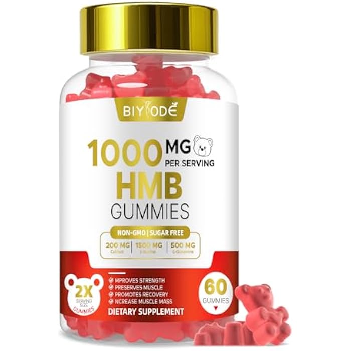BIYODE HMB Gummies for Women 1000mg HMB: 1500mg L-Leucine 500mg L-Glutamine Muscle & Bone Support with Calcium Sugar-Free Non-GMO Strawberry Flavor 60 Gummies - Image 1