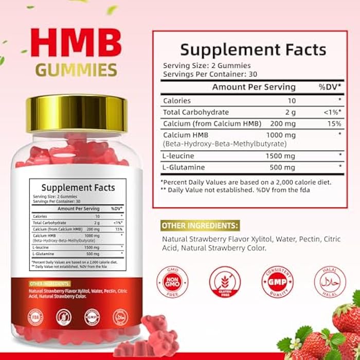 BIYODE HMB Gummies for Women 1000mg HMB: 1500mg L-Leucine 500mg L-Glutamine Muscle & Bone Support with Calcium Sugar-Free Non-GMO Strawberry Flavor 60 Gummies - Image 2