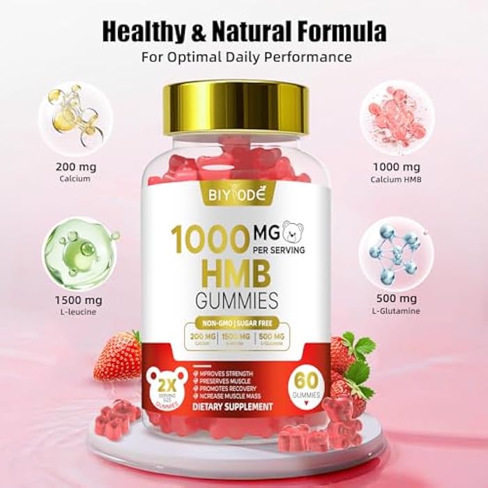 BIYODE HMB Gummies for Women 1000mg HMB: 1500mg L-Leucine 500mg L-Glutamine Muscle & Bone Support with Calcium Sugar-Free Non-GMO Strawberry Flavor 60 Gummies - Image 3