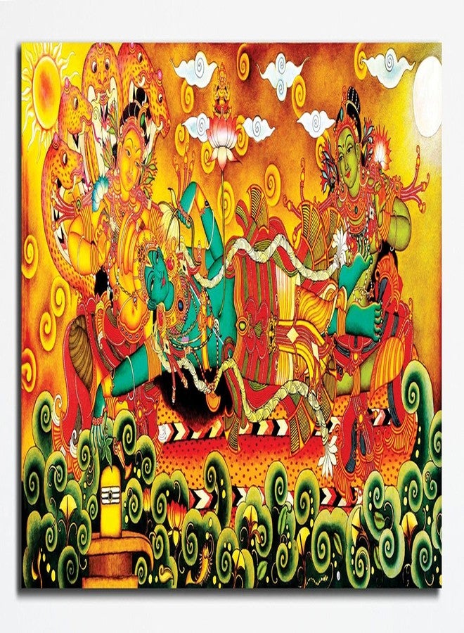 PIXELARTZ Kerala Mural Canvas Painting - Vishnu Avatar Krishna Traditional Canvas Painting - (60x30 Inches, Large) (Unframed) - Image 1