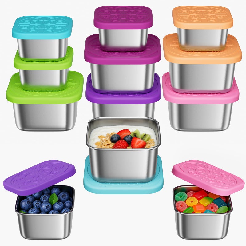 Osfel 12Pack 6oz Stainless Steel Snack Containers and 2oz Salad Dressing To Go Containers with Silicone Lids, Reusable Square Meal Prep Condiment Sauce Containers Lunch Box Accessories - Image 1