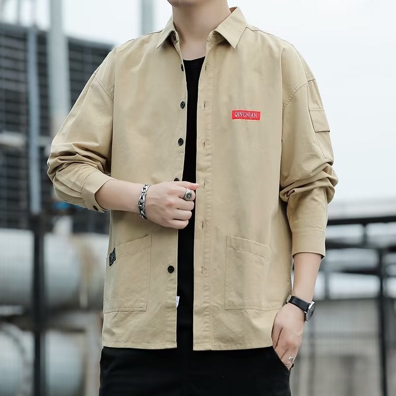 Mens Long-Sleeve Work Shirt Autumn New Ins Trendy Casual Versatile Student Shirt Mens Jacket Factory Direct Sale Khaki  - Image 1