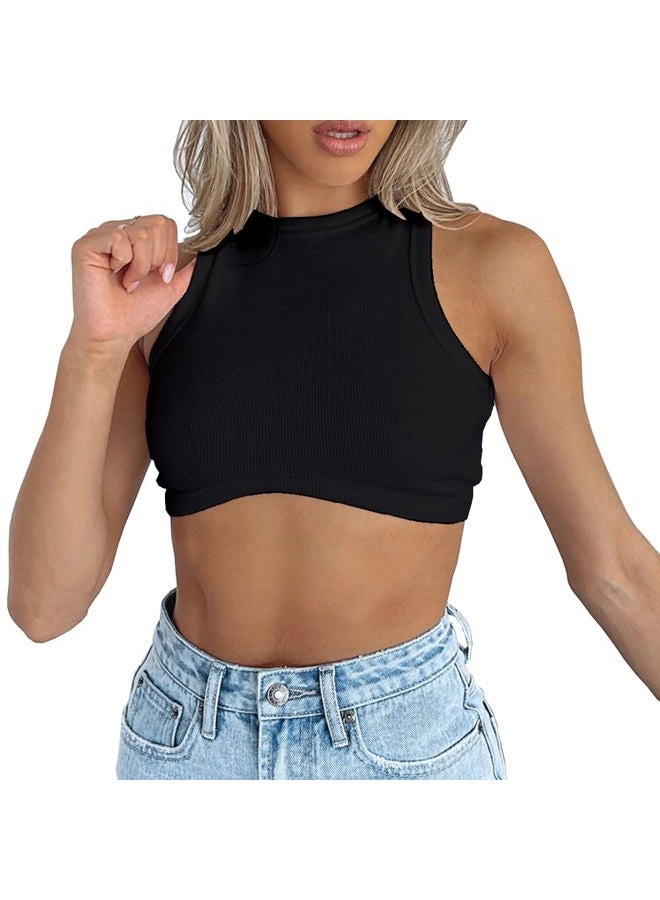 Abardsion Women's Crew Neck Racerback Knit Ribbed Basic Sleeveless Crop Tank Tops, Black, L - Image 1