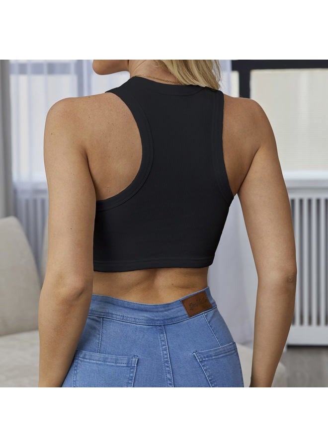 Abardsion Women's Crew Neck Racerback Knit Ribbed Basic Sleeveless Crop Tank Tops, Black, L - Image 2