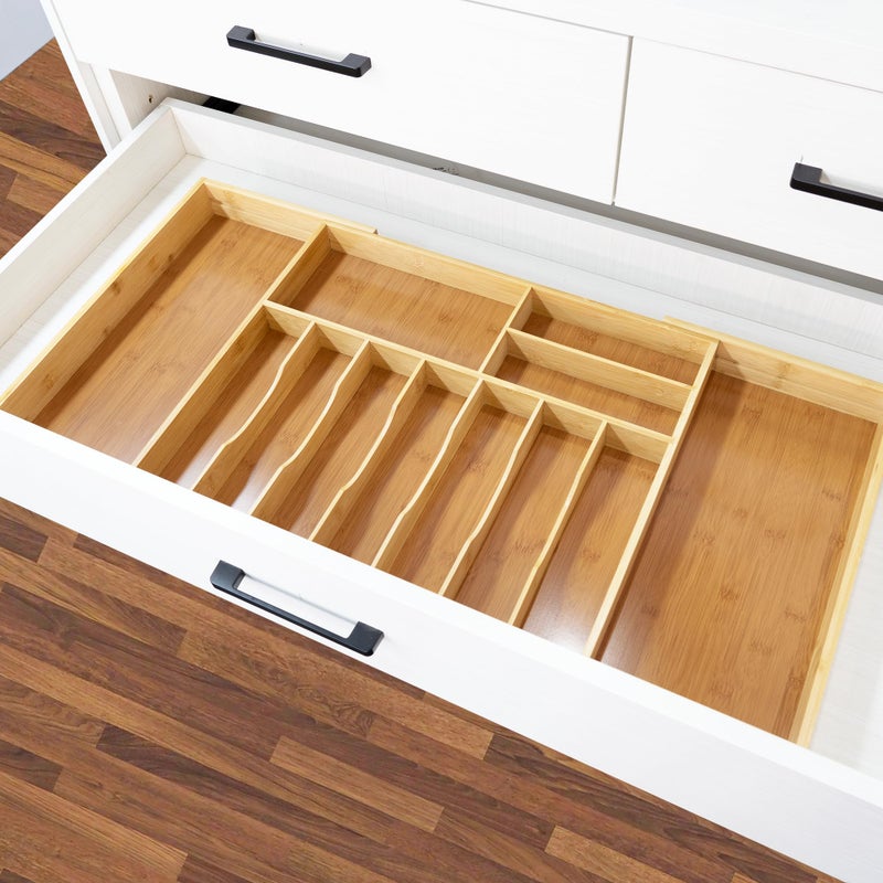 VaeFae Extra Large Kitchen Utensil Holder, Bamboo Silverware Drawer Organizer, Expandable Cutlery Organizer with Knife Block, Multifunctional Drawer Divider (10-12 compartments) - Image 5