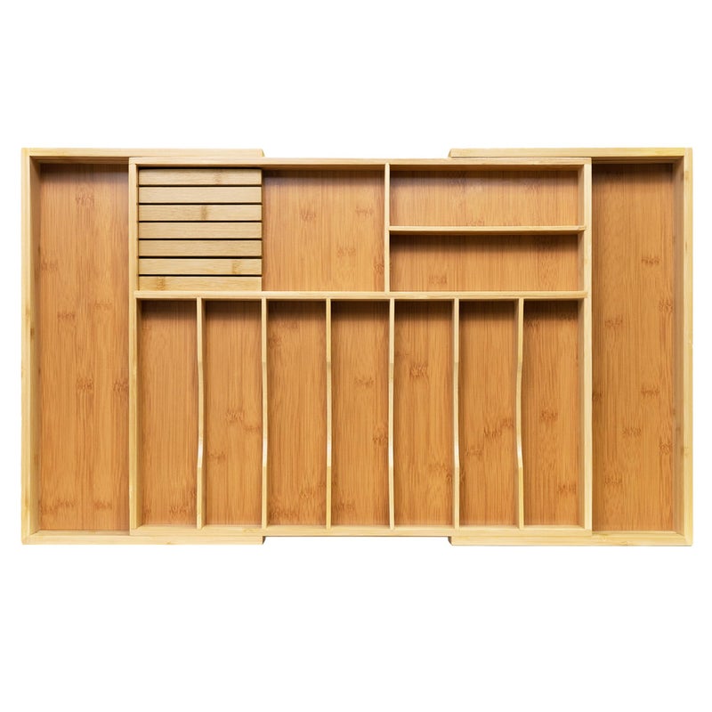 VaeFae Extra Large Kitchen Utensil Holder, Bamboo Silverware Drawer Organizer, Expandable Cutlery Organizer with Knife Block, Multifunctional Drawer Divider (10-12 compartments) - Image 1