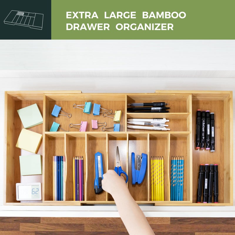 VaeFae Extra Large Kitchen Utensil Holder, Bamboo Silverware Drawer Organizer, Expandable Cutlery Organizer with Knife Block, Multifunctional Drawer Divider (10-12 compartments) - Image 4