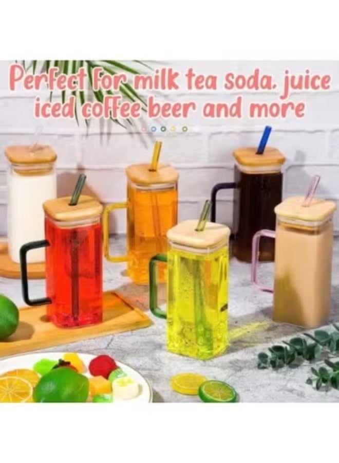 Clear glass mug with a straw and colored handle; glass with a wooden lid; heat-resistant glass cup for iced coffee and various beverages. - Image 5