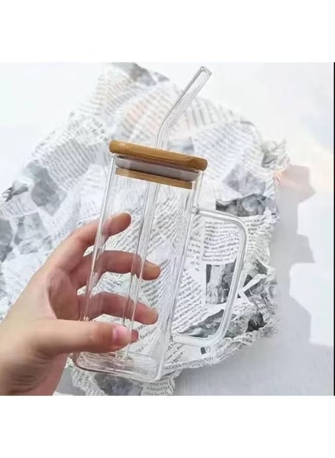 Clear glass mug with a straw and colored handle; glass with a wooden lid; heat-resistant glass cup for iced coffee and various beverages. - Image 4