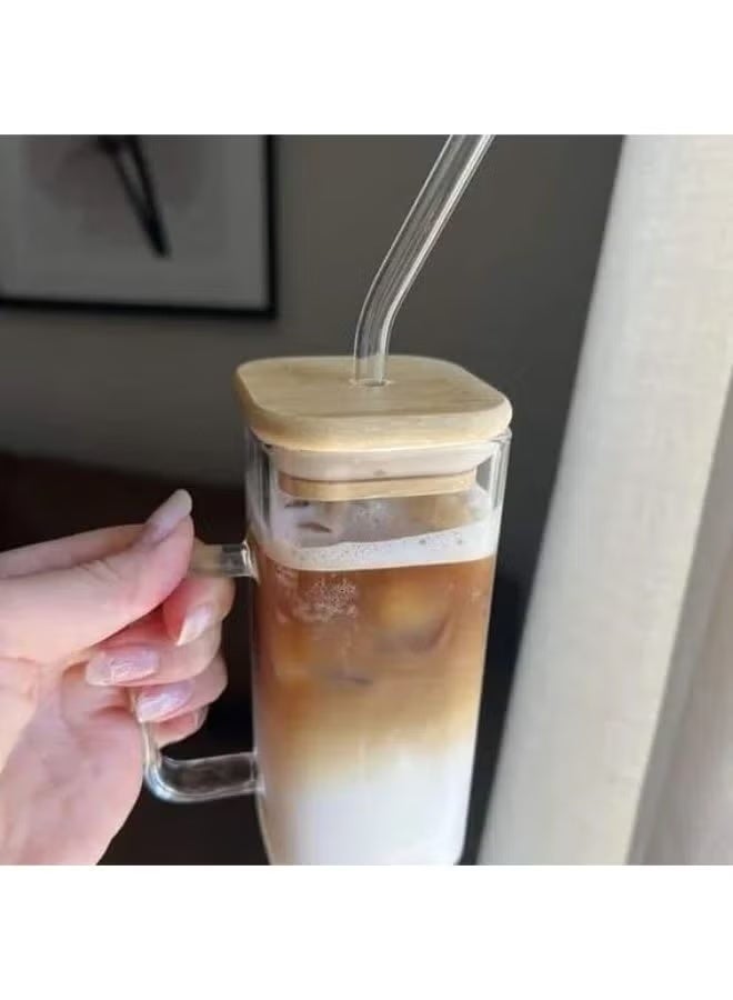 Clear glass mug with a straw and colored handle; glass with a wooden lid; heat-resistant glass cup for iced coffee and various beverages. - Image 2
