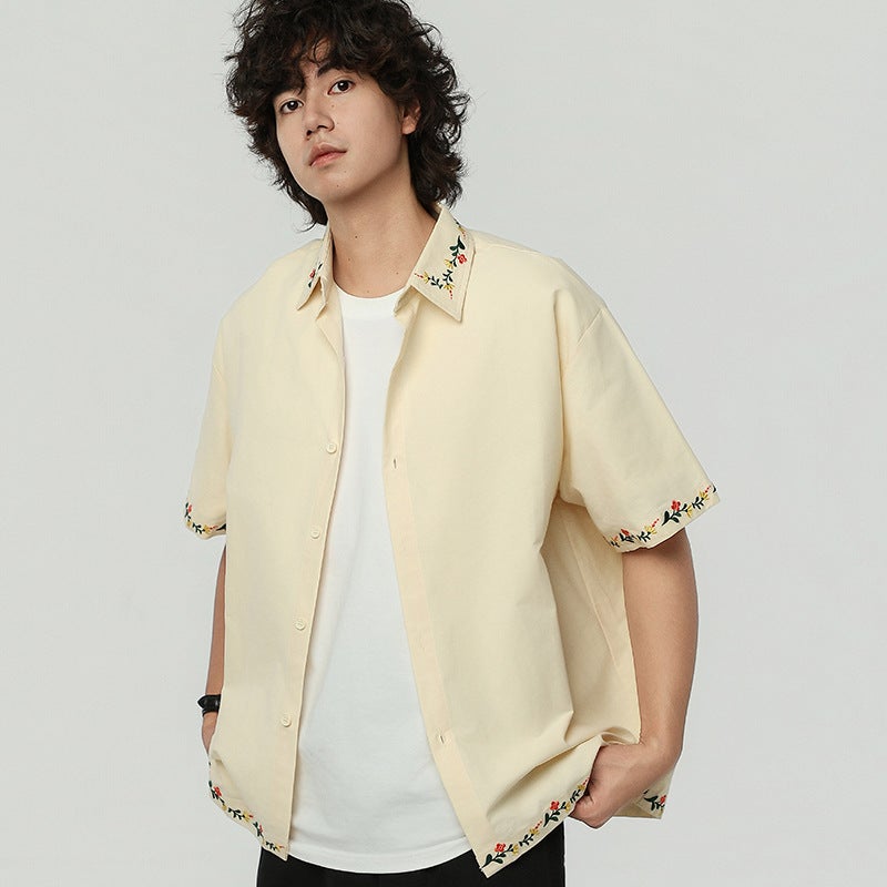SavageBase Men's Short Sleeve Cotton Shirt with Floral Embroidery 2026 Summer - Image 3