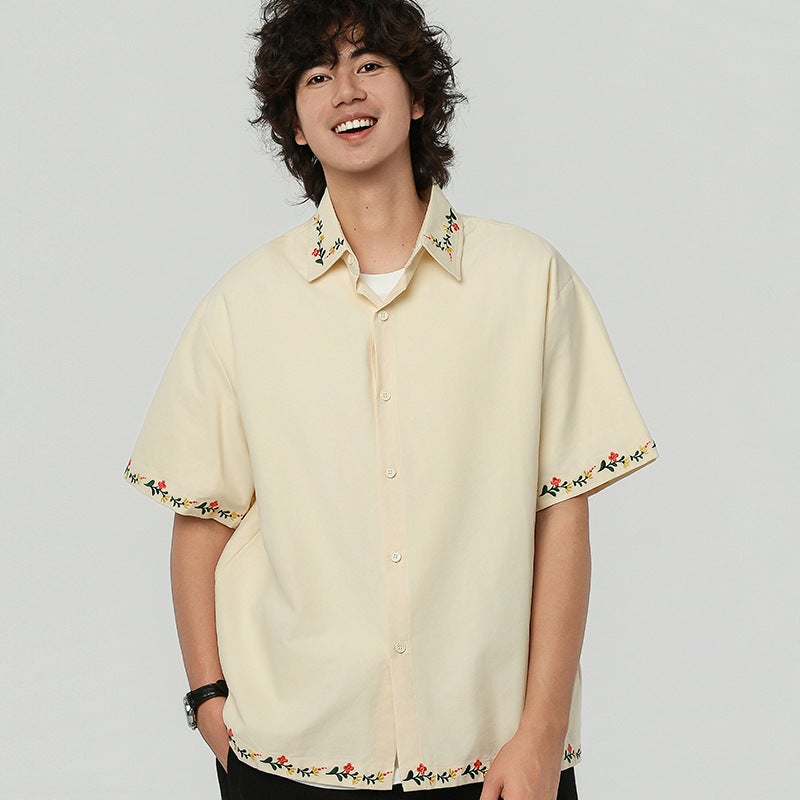 SavageBase Men's Short Sleeve Cotton Shirt with Floral Embroidery 2026 Summer - Image 1