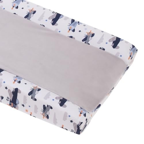 NoJo Little Love by NoJo Soar High Lil One Contoured Changing Pad Cover with Airplane Pattern Soft Plush Center Panel for Baby Comfort 16 x 32 x 6 Gray Navy Light Blue and White - Image 1