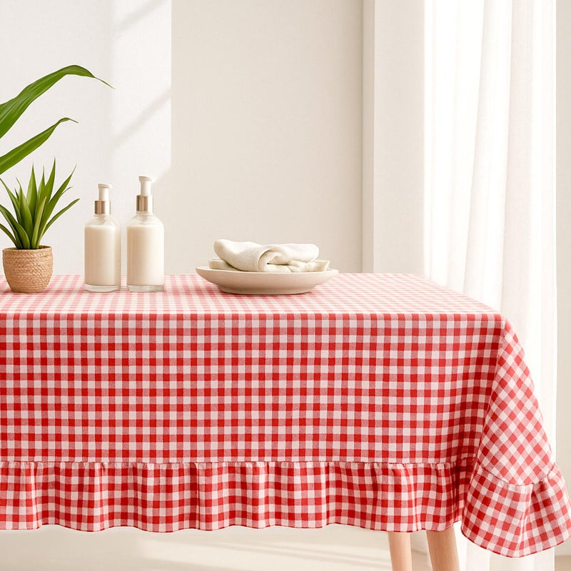 Mindsoft Red Plaid Ruffled Table Cloth Cotton Linen Rectangle Gingham Tablecloth Classic Farmhouse Vintage Checkered Table Cover Buffalo Plaid Decorative for Home Holiday Party (120 x 60 Inches) - Image 1