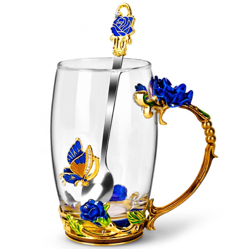 OEAGO Gifts for Mom Women Mothers Day Glass Coffee Enamels Mug Best Birthday Butterfly Rose Gifts for Her from Daughter Son LeadFree Christmas Blue Tea Cup with Spoon Set