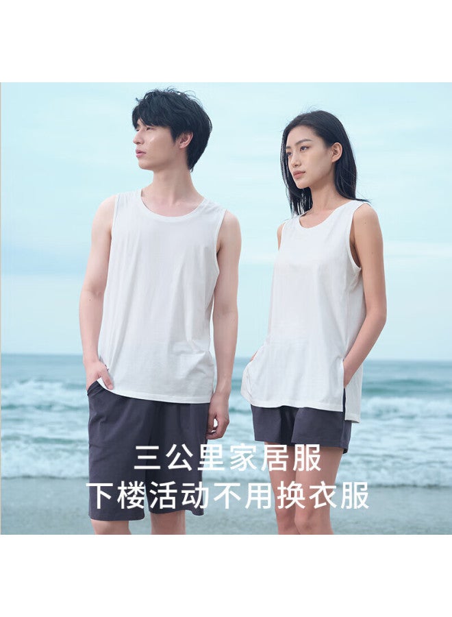 Agentmuse Pure Cotton Sleepwear For Women, Couples' Tank Top Set, Wearable Outside, Loungewear, 851t White + Dark Gray, Xxl