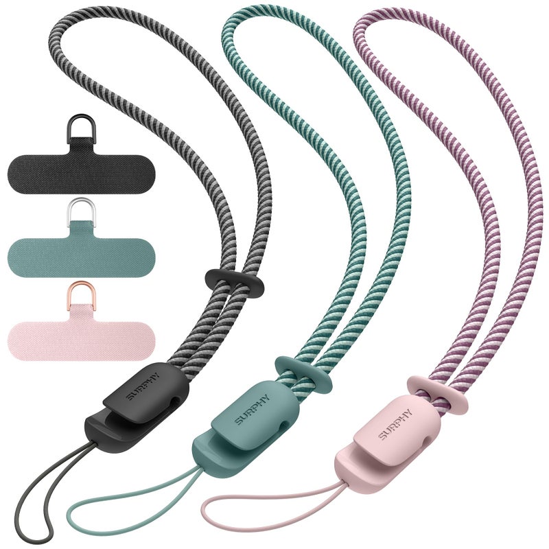 SURPHY 3 Pack Phone Wrist Strap with CellPhone Tether Tab, Cellphone Lanyard, Anti Theft Phone Strap with 2-Color Braided, Wrist Lanyard for Women and Men, Black & Green & Pink - Image 1