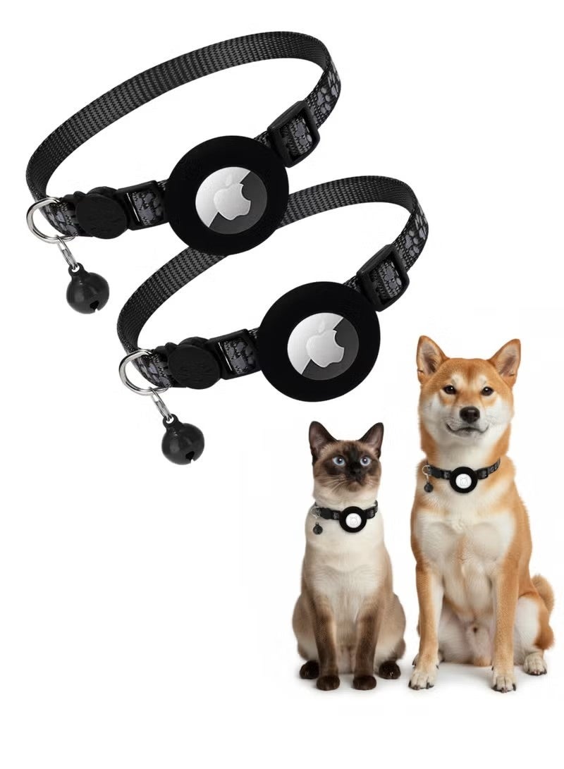 2 Pieces AirTag Cat Collar Breakaway – Reflective Safety with Bell & Waterproof Holder, Adjustable for Cats & Small Dogs (Black) - Image 1