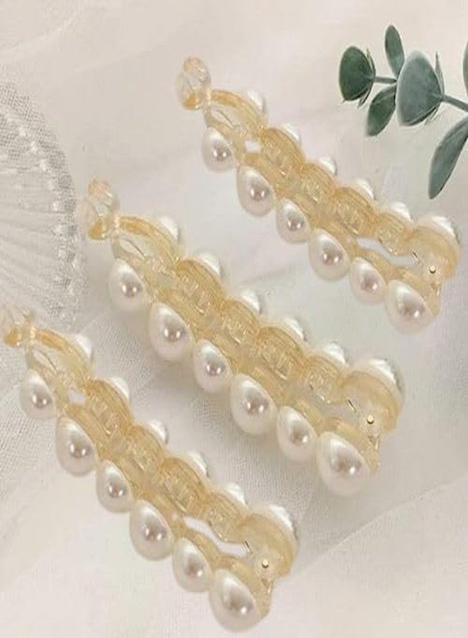 KARDIFF Pearl Hair Clip Banana Clips Ponytail Holder Banana Hair Clips Thick Fine Hair Clip French Barrettes Rhinestones Jaw Clips for Women and Girls - White (Pack of 3) - Image 1