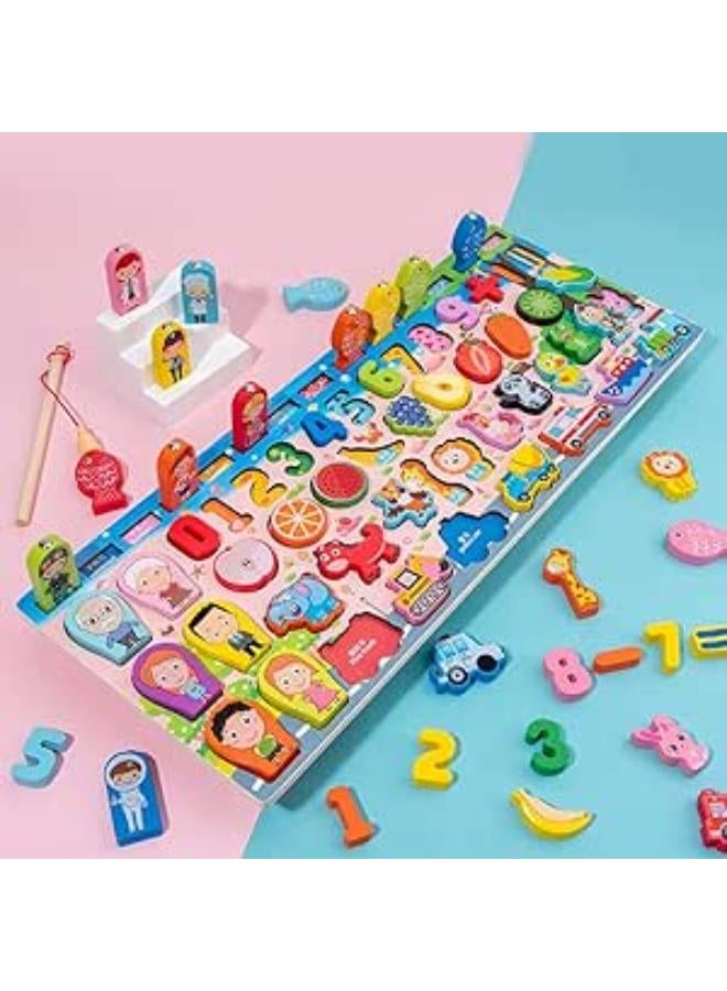 Shape Counting Game, Fun Stacking Game Animal Learning Magnetic Fruits Fishing Wooden Number Puzzles for Kids Boys Girls Toddlers Multicolor