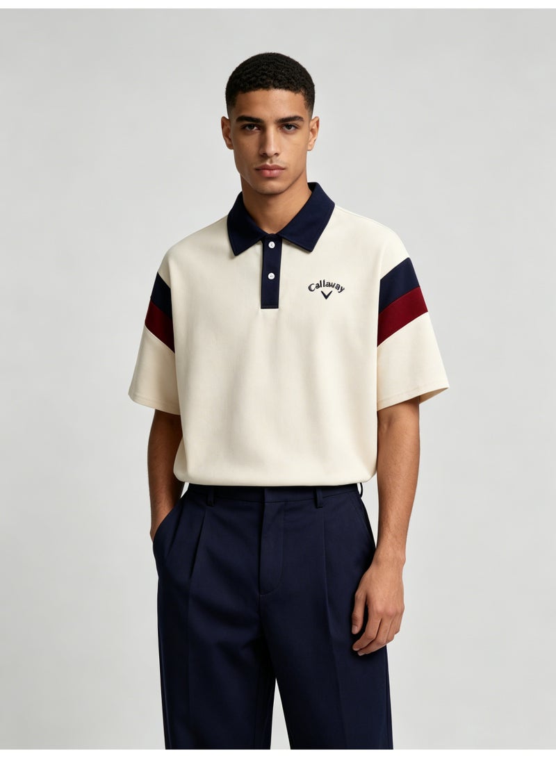 Callaway American retro stitching shoulder five-point Polo shirt with contrasting sleeves loose plus size men's casual golf T-shirt - Image 4