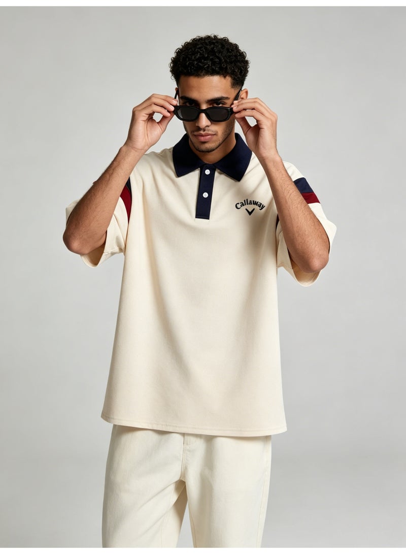 Callaway American retro stitching shoulder five-point Polo shirt with contrasting sleeves loose plus size men's casual golf T-shirt - Image 3